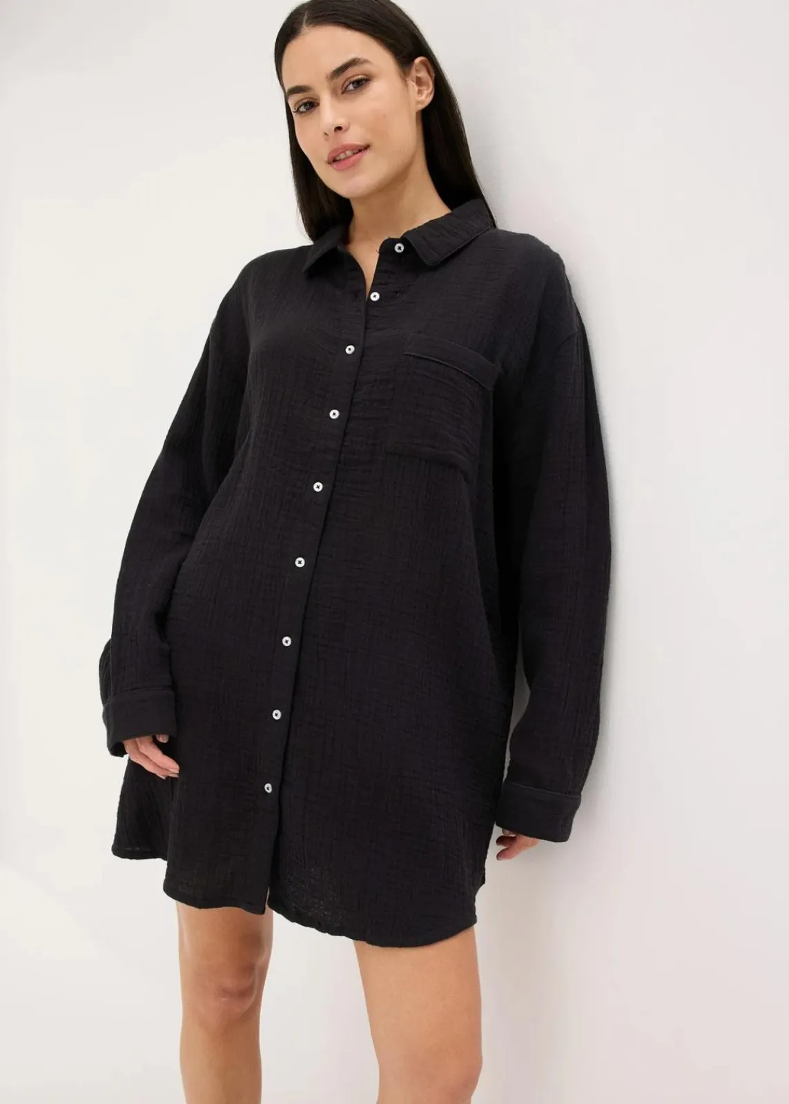 bonprix Wäsche·Homewear|Bekleidung·Strickmode|Weit geschnittenes Loungewear Nachthemd aus Musselin schwarz