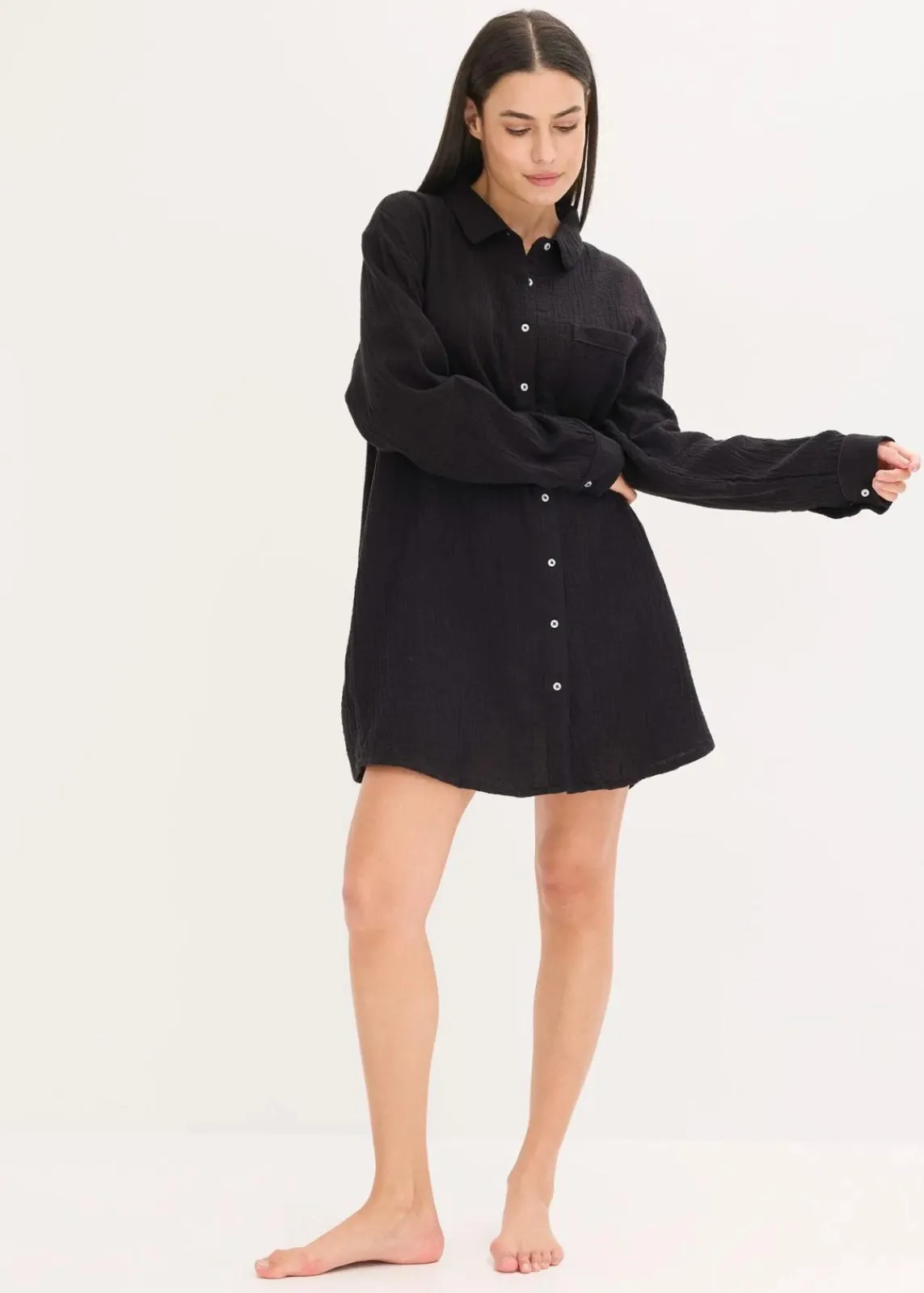 bonprix Wäsche·Homewear|Bekleidung·Strickmode|Weit geschnittenes Loungewear Nachthemd aus Musselin schwarz