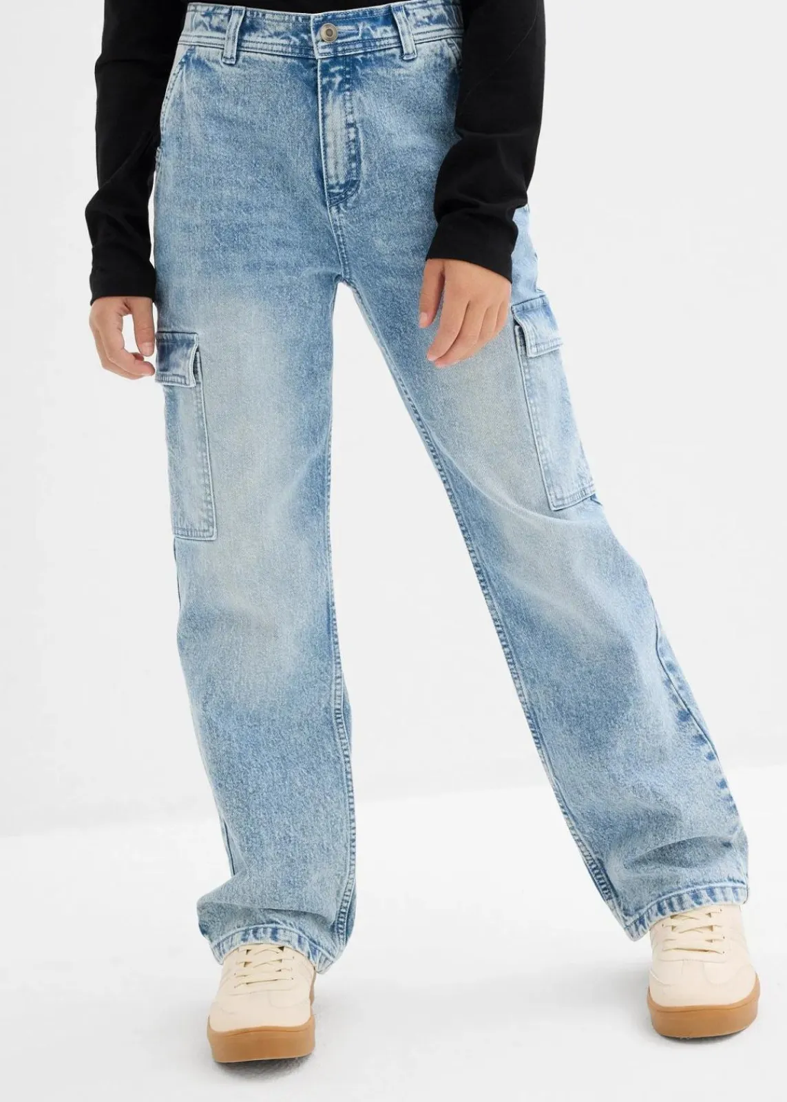 bonprix Mädchen 9-16 Jahre·Jeans|Weite Cargo-Jeans Mid Waist eisblau denim