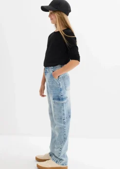 bonprix Mädchen 9-16 Jahre·Jeans|Weite Cargo-Jeans Mid Waist eisblau denim