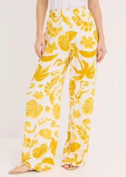 bonprix Bekleidung·Kleider|Hosen|Weite Hose aus strukturierter Viskose weiß/lemoncurry floral