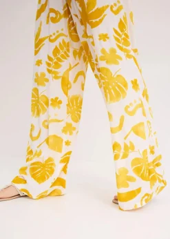 bonprix Bekleidung·Kleider|Hosen|Weite Hose aus strukturierter Viskose weiß/lemoncurry floral