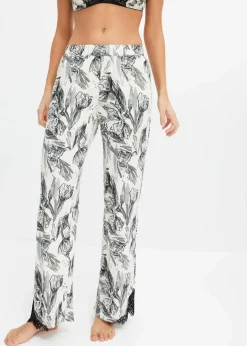 bonprix Wäsche·Nachtwäsche|Nachhaltigere Materialien|Weite Pyjamahose aus softem Viskose-Mix naturbeige/schwarz geblümt