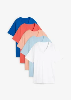 Weites Long-Shirt mit V-Ausschnitt, Kurzarm (5er Pack)|bonprix Discount