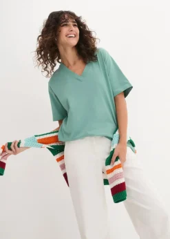 Weites Long-Shirt mit V-Ausschnitt, Kurzarm (5er Pack)|bonprix Clearance