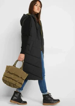 bonprix Bekleidung·Hosen|Jacken & Mäntel|Wende-Steppweste aus recyceltem Polyester mit Kapuze schwarz/dunkeloliv