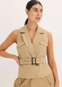bonprix Bekleidung·Hosen|Jacken & Mäntel|Weste mit Gürtel khakibraun