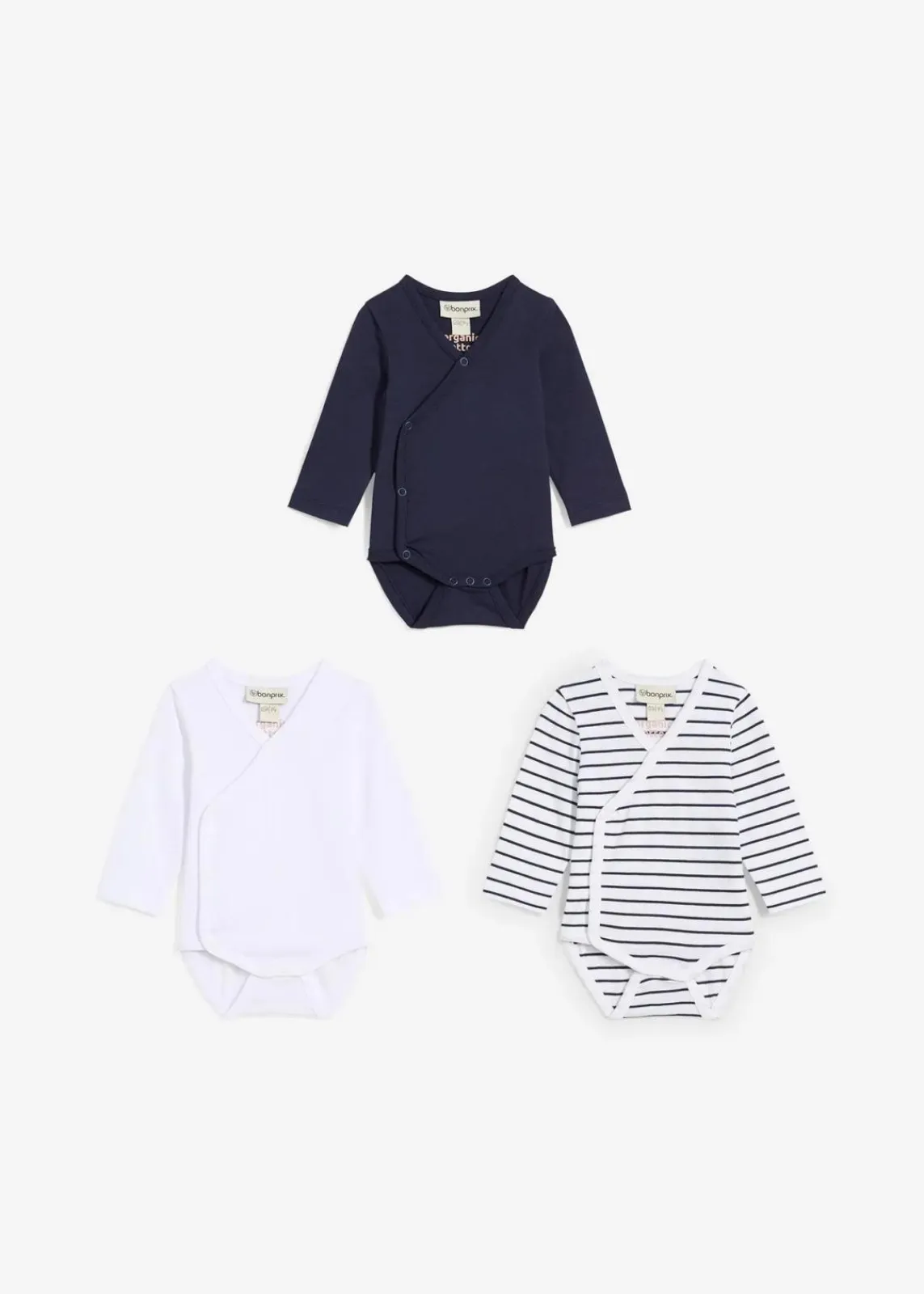 bonprix Mehrfachpacks|Bodys & Strampler|Wickelbody aus reiner Bio-Baumwolle (3er Pack) dunkelblau+weiß+blau/weiss gestreift