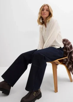 bonprix Jeans|Kurzgrößen|Wide-Leg Jeans Mid Waist tiefblau denim ungewaschen