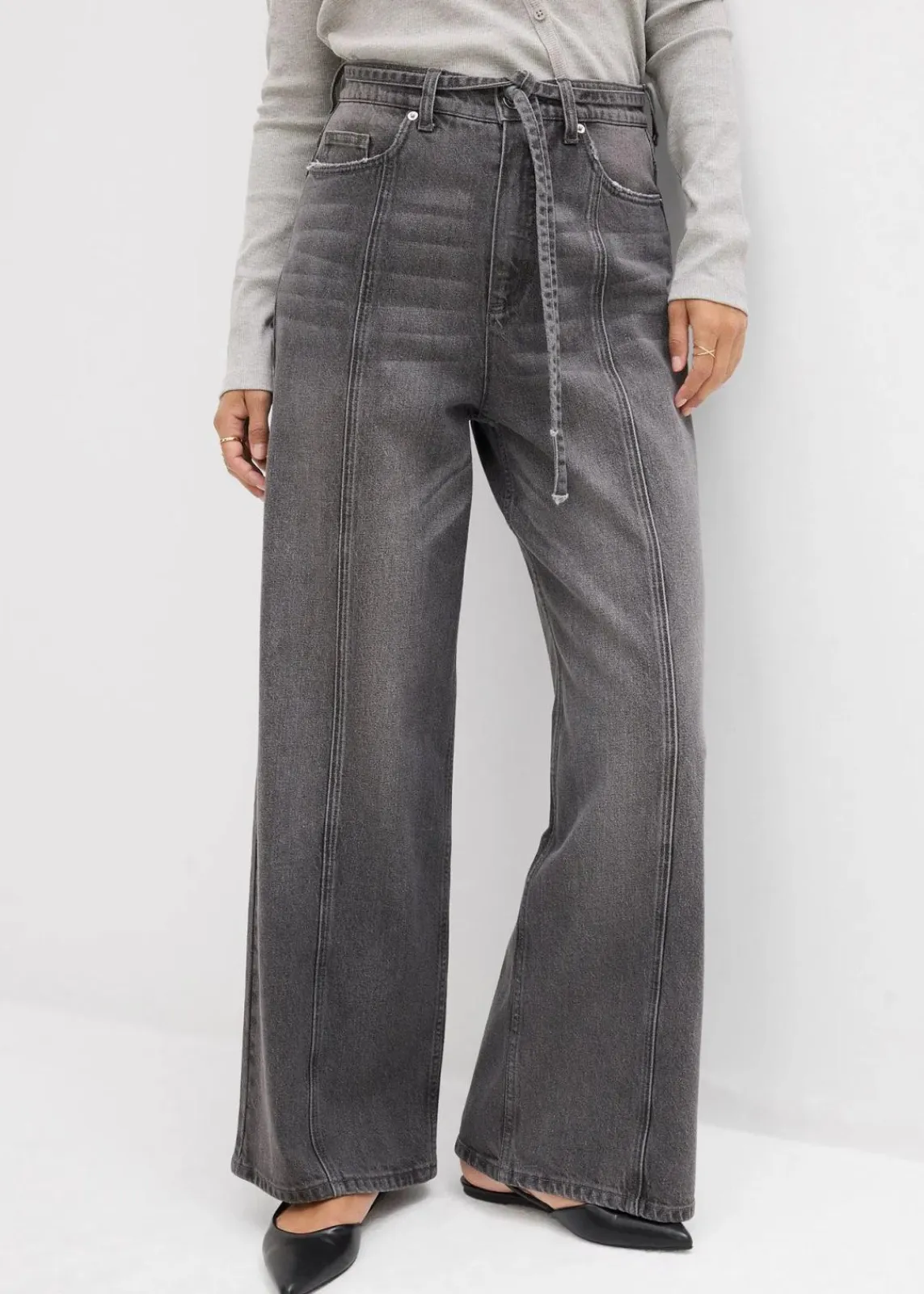 bonprix Jeans|Bekleidung·Shirts & Tops|Wide-Leg-Jeans High Waist grau denim used