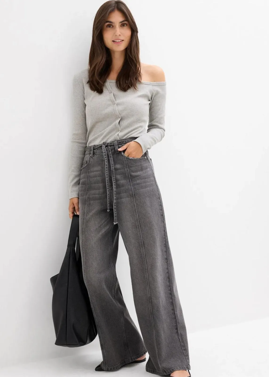 bonprix Jeans|Bekleidung·Shirts & Tops|Wide-Leg-Jeans High Waist grau denim used
