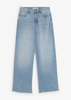 bonprix Kurzgrößen|Bekleidung·Shirts & Tops|Wide-Leg-Jeans, High Waist hellblau denim used