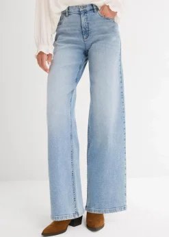 bonprix Kurzgrößen|Bekleidung·Shirts & Tops|Wide-Leg-Jeans, High Waist hellblau denim used