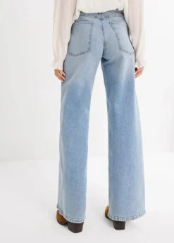 bonprix Kurzgrößen|Bekleidung·Shirts & Tops|Wide-Leg-Jeans, High Waist hellblau denim used