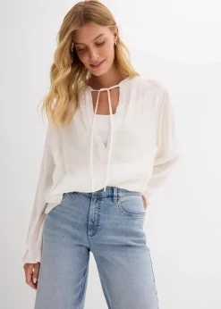 bonprix Kurzgrößen|Bekleidung·Shirts & Tops|Wide-Leg-Jeans, High Waist hellblau denim used
