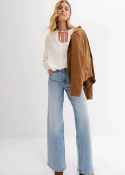 bonprix Kurzgrößen|Bekleidung·Shirts & Tops|Wide-Leg-Jeans, High Waist hellblau denim used