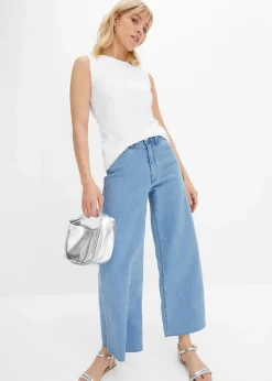 bonprix Jeans|Bekleidung·Shirts & Tops|Wide-Leg-Jeans, High Waist, cropped hellblau denim used