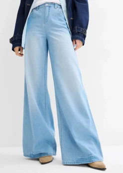 bonprix Jeans|Kurzgrößen|Wide-Leg-Jeans, High Waist, Full Length Bequembund hellblau denim used