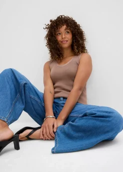 bonprix Kurzgrößen|Bekleidung·Shirts & Tops|Wide-Leg-Jeans Mid Waist hellblau denim used