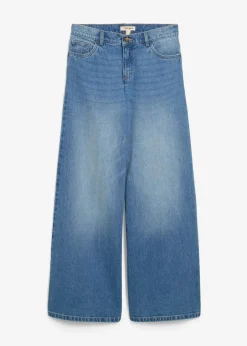 bonprix Jeans|Kurzgrößen|Wide-Leg-Jeans Mid Waist mittelblau denim used