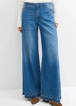 bonprix Jeans|Kurzgrößen|Wide-Leg-Jeans Mid Waist, Bequembund blau denim used