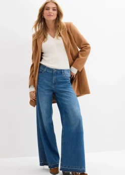 bonprix Jeans|Kurzgrößen|Wide-Leg-Jeans Mid Waist, Bequembund blau denim used
