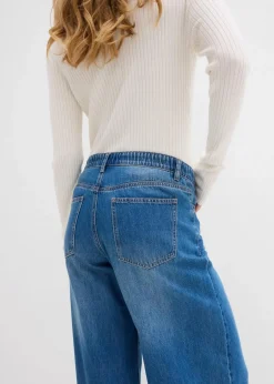 bonprix Jeans|Kurzgrößen|Wide-Leg-Jeans Mid Waist, Bequembund blau denim used