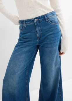 bonprix Jeans|Kurzgrößen|Wide-Leg-Jeans Mid Waist, Bequembund blau denim used