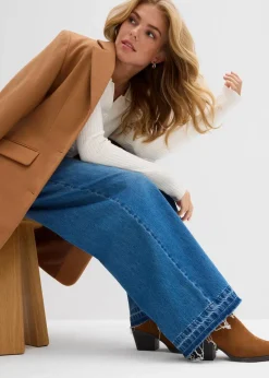 bonprix Jeans|Kurzgrößen|Wide-Leg-Jeans Mid Waist, Bequembund blau denim used