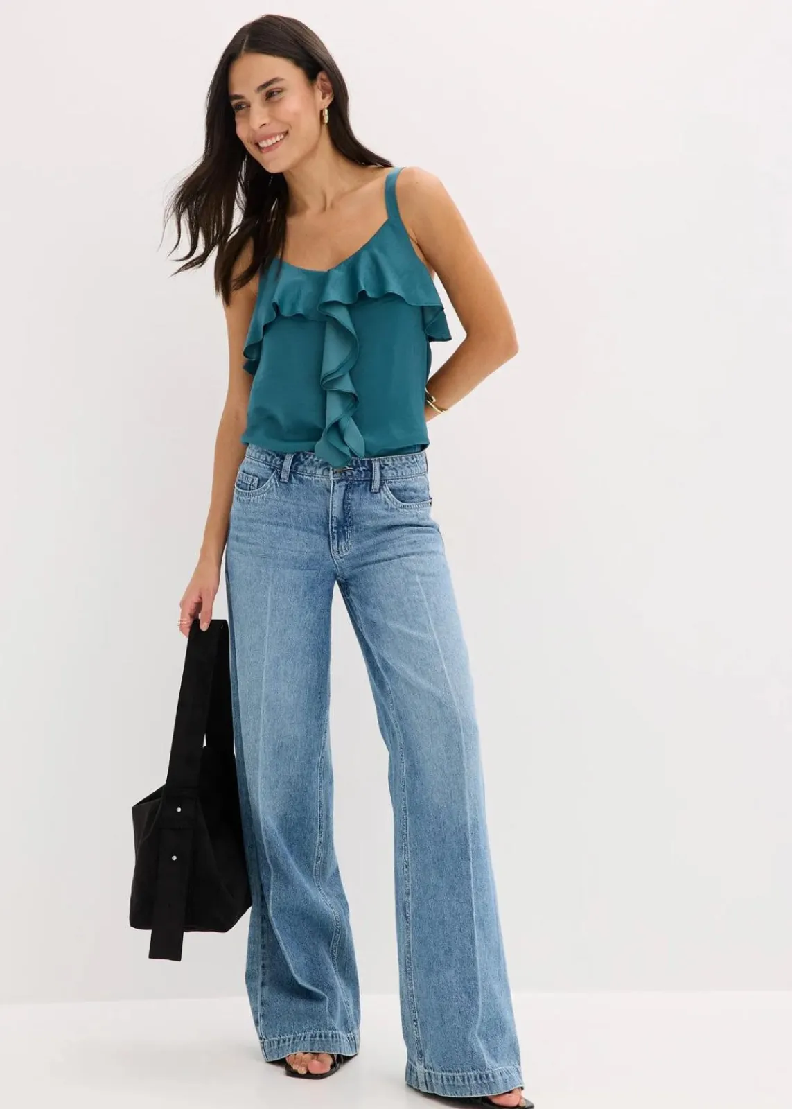 Wide-Leg-Jeans Mid Waist, Low Stretch Full Length|bonprix Discount