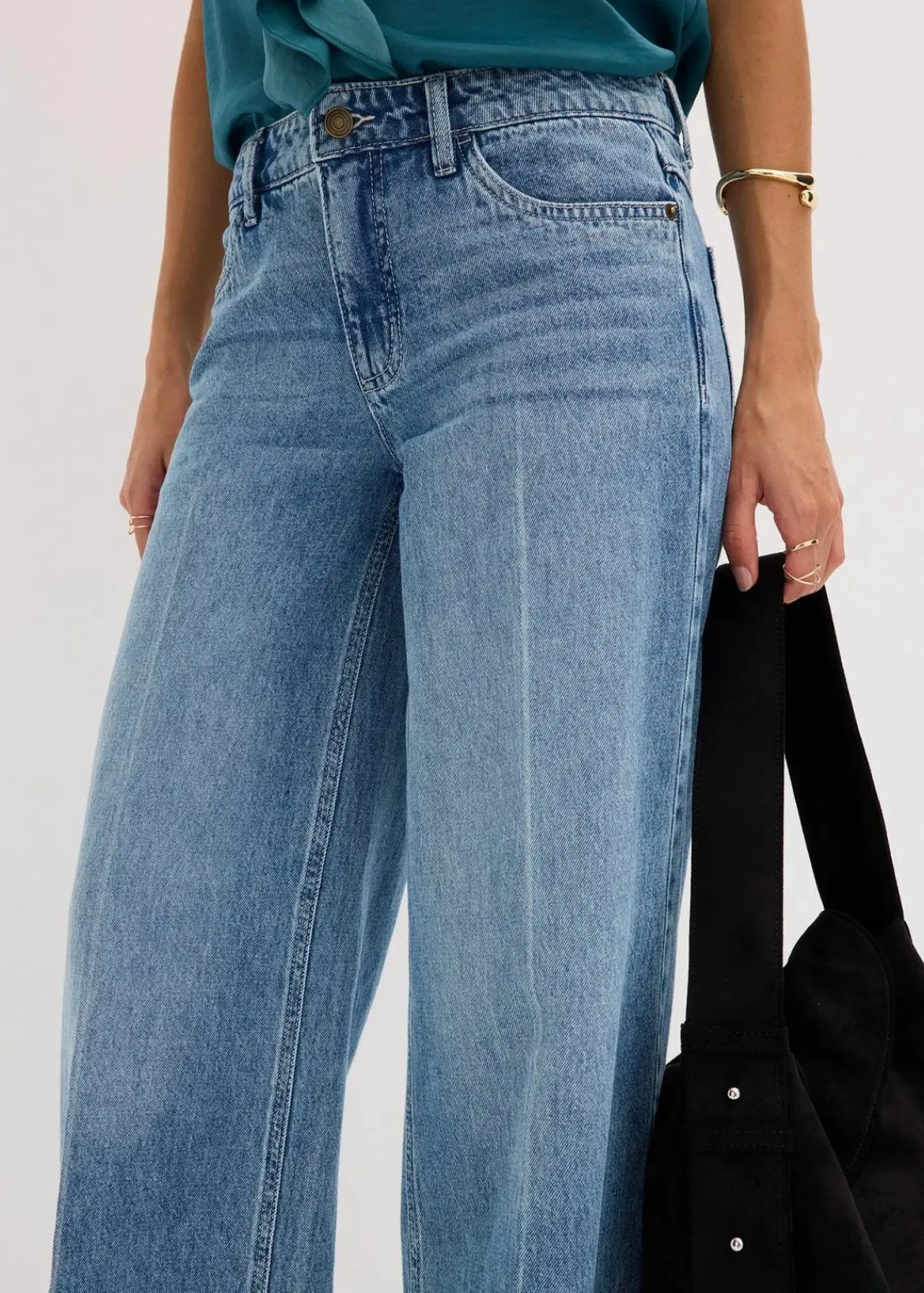 Wide-Leg-Jeans Mid Waist, Low Stretch Full Length|bonprix Discount