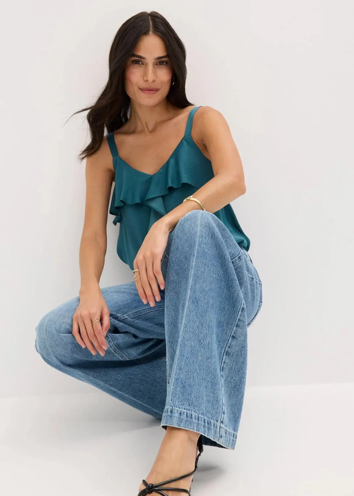 Wide-Leg-Jeans Mid Waist, Low Stretch Full Length|bonprix Discount