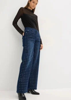 Wide-Leg-Jeans Mid Waist mit Strassapplikation|bonprix Clearance