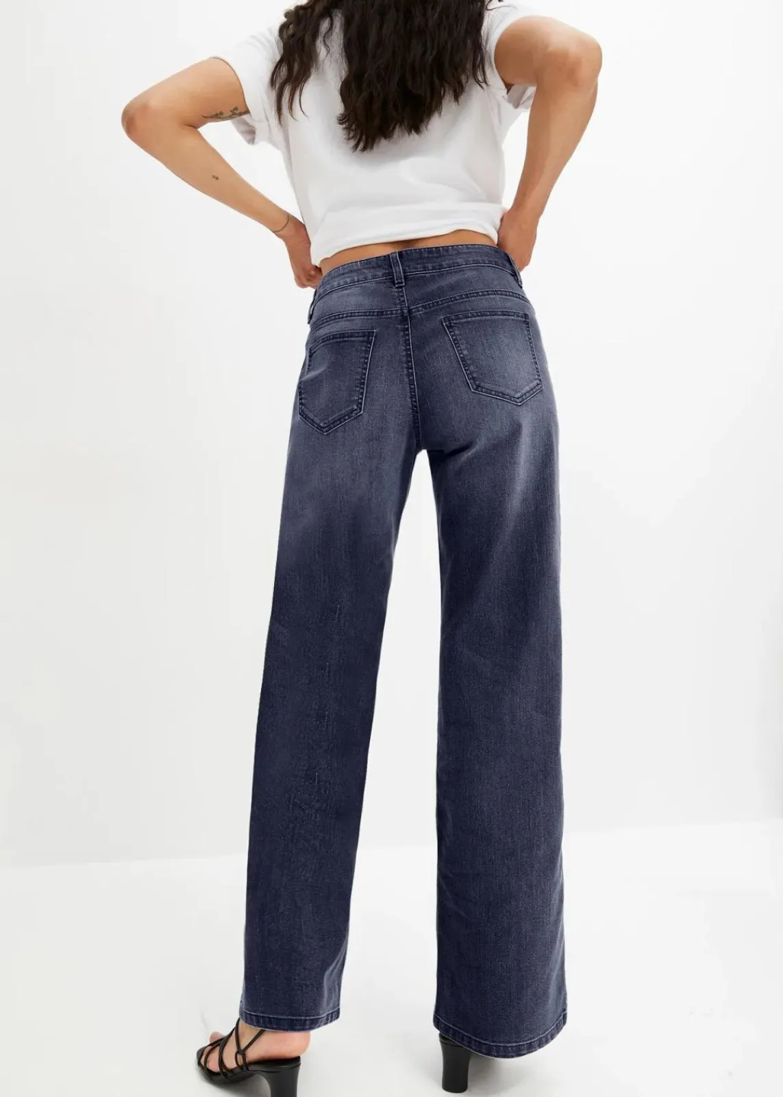 bonprix Jeans|Kurzgrößen|Wide-Leg-Jeans, Mid Waist, Stretch nachtblau denim