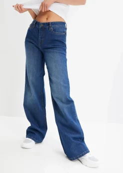 bonprix Jeans|Kurzgrößen|Wide-Leg-Jeans, Mid Waist, Stretch blau denim