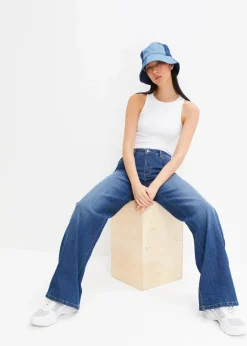 bonprix Jeans|Kurzgrößen|Wide-Leg-Jeans, Mid Waist, Stretch blau denim