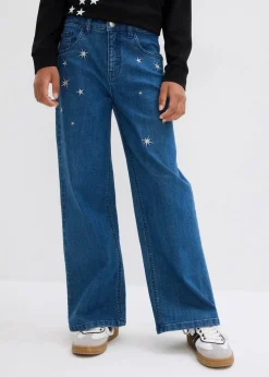 bonprix Mädchen 9-16 Jahre·Jeans|Wide-Leg-Jeans mit Stickerei Mid Waist blau denim