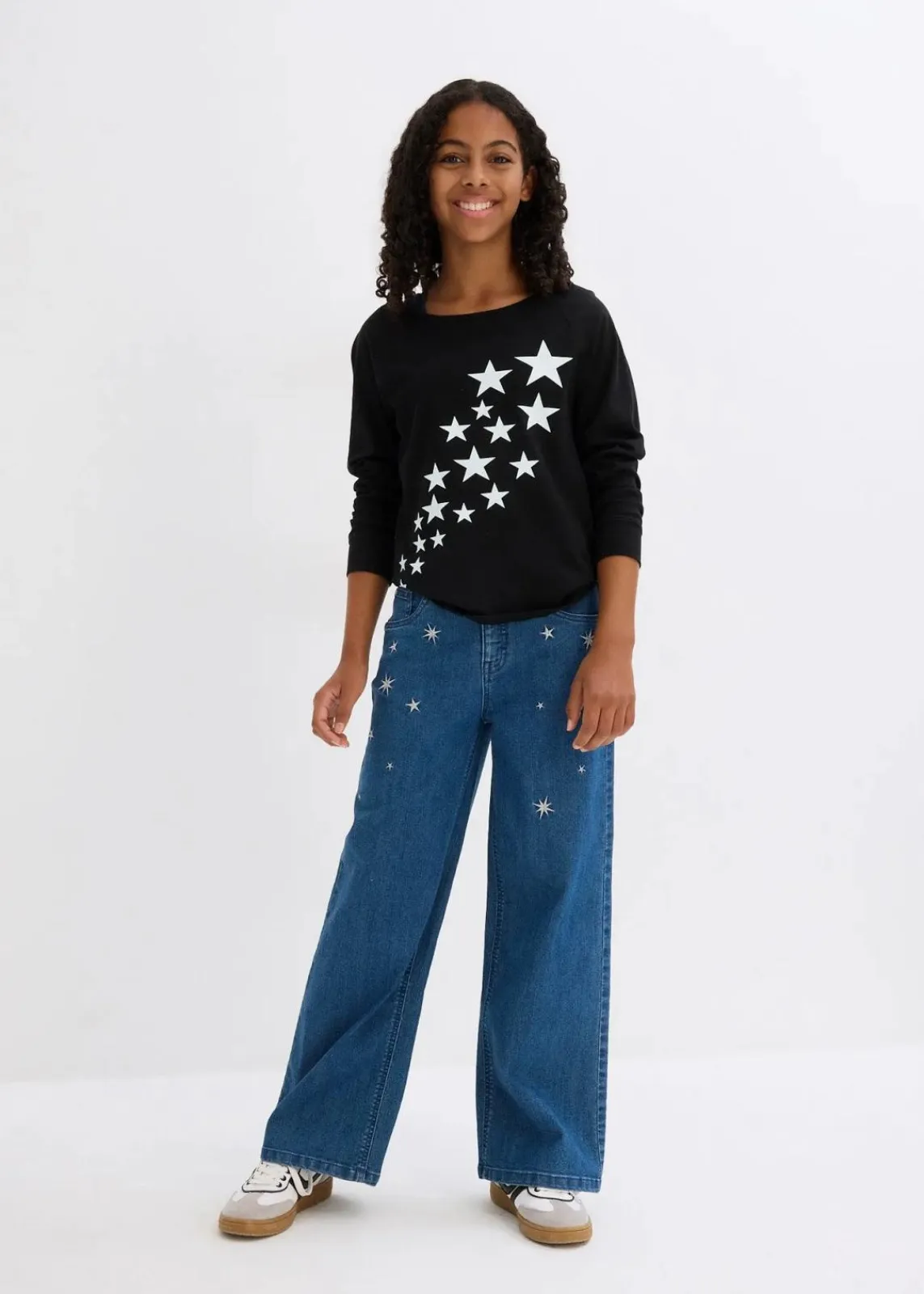bonprix Mädchen 9-16 Jahre·Jeans|Wide-Leg-Jeans mit Stickerei Mid Waist blau denim