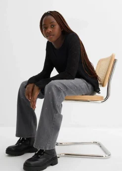 bonprix Mädchen 9-16 Jahre·Jeans|Wide-Leg-Jeans mit Strasssteinen Mid Waist grau denim