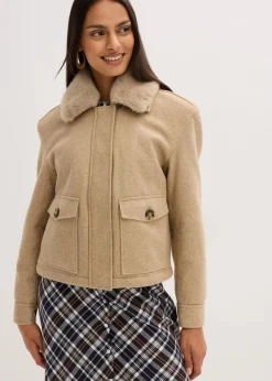 bonprix Bekleidung·Hosen|Jacken & Mäntel|Winterjacke in Wolloptik hellkhaki meliert