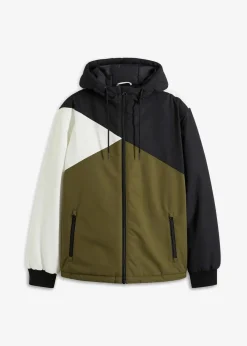 bonprix Große Größen|Jacken & Mäntel|Winterjacke mit Kapuze im Colourblocking schwarz/wollweiß/dunkeloliv