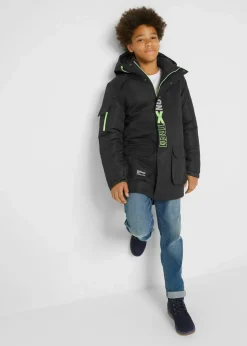 bonprix Jungen 9-16 Jahre·Jacken & Outdoor|Winterjacke mit sportiven Details und Kapuze schwarz bedruckt