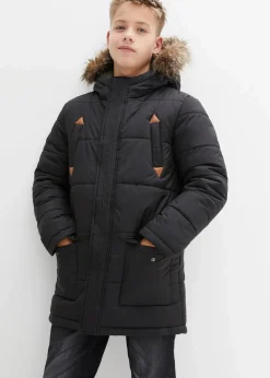 bonprix Jungen 9-16 Jahre·Bademode|Jungen 9-16 Jahre·Jacken & Outdoor|Winterparka mit Lederimitat-Details und Fellkapuze schwarz