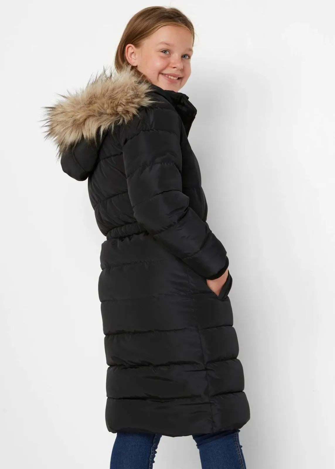 bonprix Mädchen 9-16 Jahre·Jacken & Outdoor|Winter-Steppmantel mit abnehmbarer Kapuze schwarz