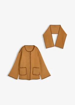 bonprix Jacken & Mäntel|Bekleidung·Hosen|Wolljacke mit Zierstickerei (2tlg. Set mit Schal) haselnuss