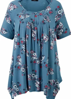 bonprix Shirts & Tops|Nachhaltigere Materialien|Zipfel-Longshirt, kurzarm jeansblau bedruckt