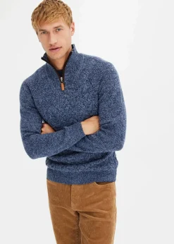 bonprix Pullover & Strickjacken|Große Größen|Zopfstrick Troyer-Pullover mit Wollanteil mattblau meliert