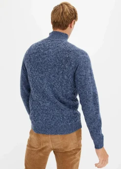 bonprix Pullover & Strickjacken|Große Größen|Zopfstrick Troyer-Pullover mit Wollanteil mattblau meliert
