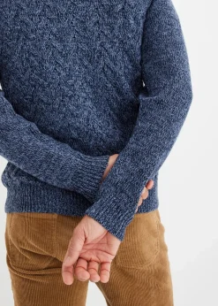 bonprix Pullover & Strickjacken|Große Größen|Zopfstrick Troyer-Pullover mit Wollanteil mattblau meliert