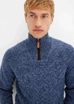 bonprix Pullover & Strickjacken|Große Größen|Zopfstrick Troyer-Pullover mit Wollanteil mattblau meliert